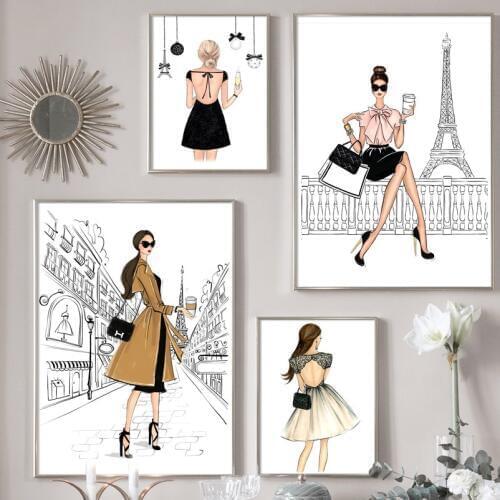 Fashion Model Girl Vintage Wall Art Print Canvas Painting Nordic Posters And Prints Wall Pictures For Living Room Salon Decor