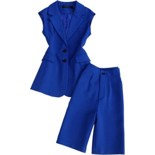Fashion blue pants suit women summer New high quality Casual Sleeveless vest female + High waist Five points pants Sets women