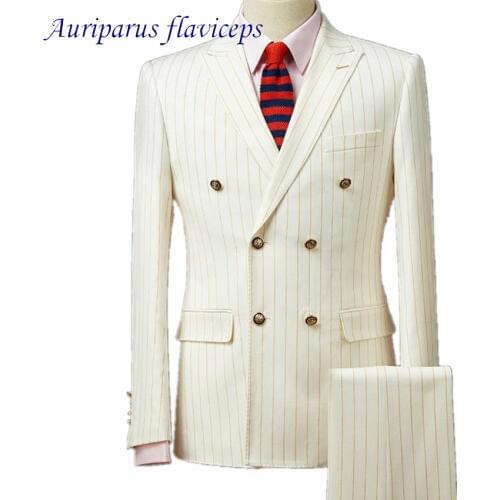Auriparus flaviceps Mens Gold Striped Tweed Suits Double Breasted Wedding Groom Custom Made Man Suit White Striped Groom Tuxedos