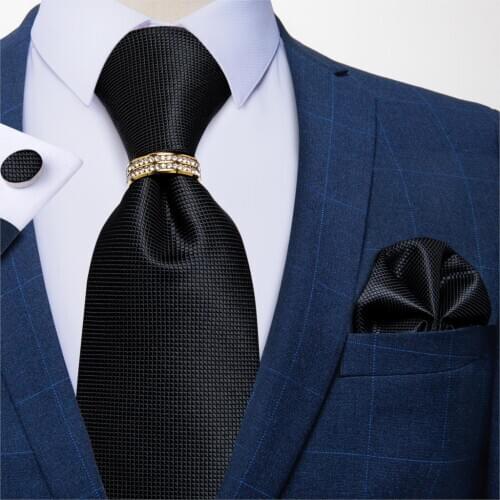 Mens Necktie Black Solid Wedding Silk Tie For Men Handkerchief Cufflinks Ring Tie Set DiBanGu Designer Fashion Party JZ-03-251