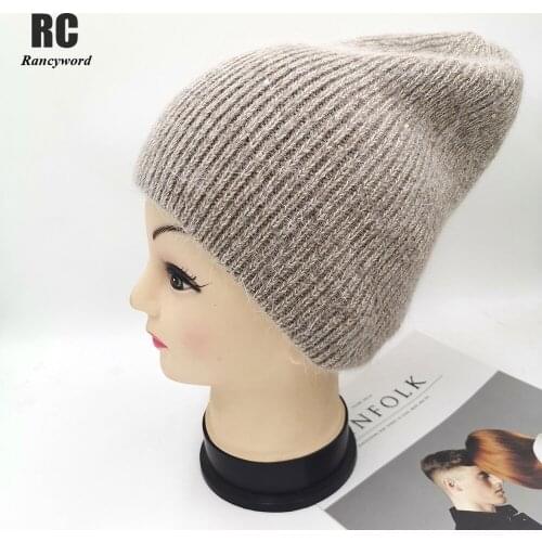 2021 New Rabbit Fur Warm Beanie Hat Women Winter Hats Sequins Bling Thick Knitted Skullies Beanies for Women Gorros Female Cap