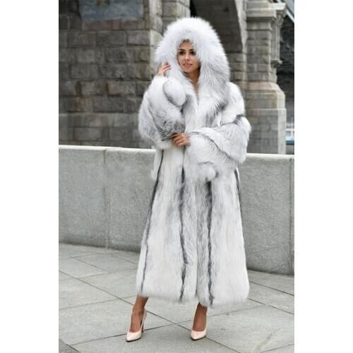 FURSARCAR New Women Real Natrual Cross Fox Fur Jacket With Hood Women Winter Thick Fur Coat Pull Pelt 120cm Long Outwear