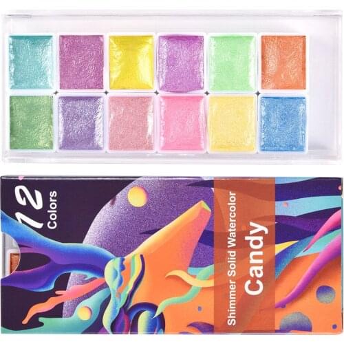12 Colors Solid Watercolor Paint Portable Plastic Box Blooming Candy Color Glitter Pigment Drawing Watercolor Nail Art Supply