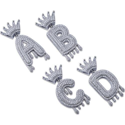 OMYFUN DIY Drip Crown Bubble Letters Necklaces & Pendants Silver Color CZ Iced Initials Charm Hip Hop Men Women Jewelry