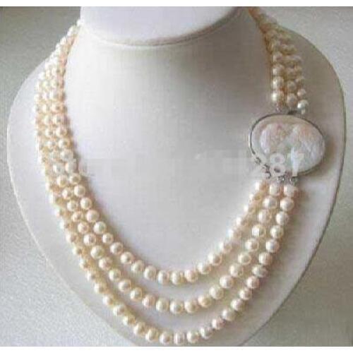 Genuine 3 linhas 7-8 MM freshwater pearl necklace Cameo clasp
