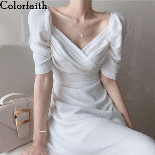 Colorfaith New 2021 Womens Summer Dresses V-Neck High Waist Chiffon Elegant Lace Up Korean Style Lady Wild Long Dresses DR8917