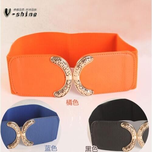 Goods In Stock.,The new Korean version fashion Ladies elastic wide waist joker belt with flash golden metal agio