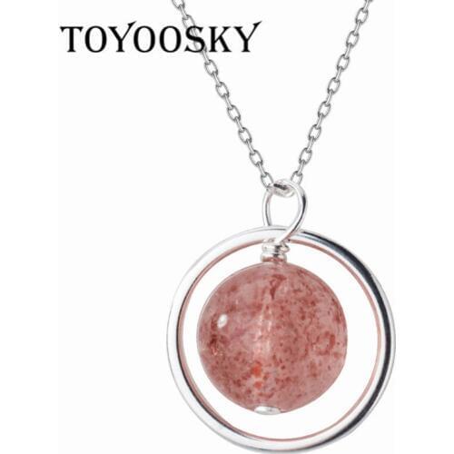 TOYOOSKY s925-Sterling-Silver Jewelry Round Natural Strawberry Crystal Necklace Pendant LUCKY CHARMS 40CM For Fashion Women