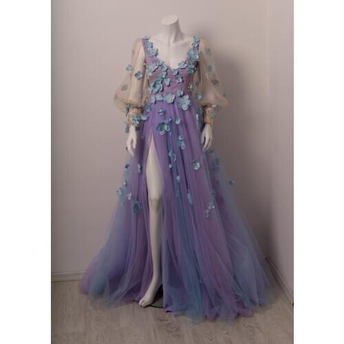 3D Flowers Long Puffy Sleeves Prom Dresses 2021 V Neck High Split Side Formal Evening Party Dress vestidos de gala