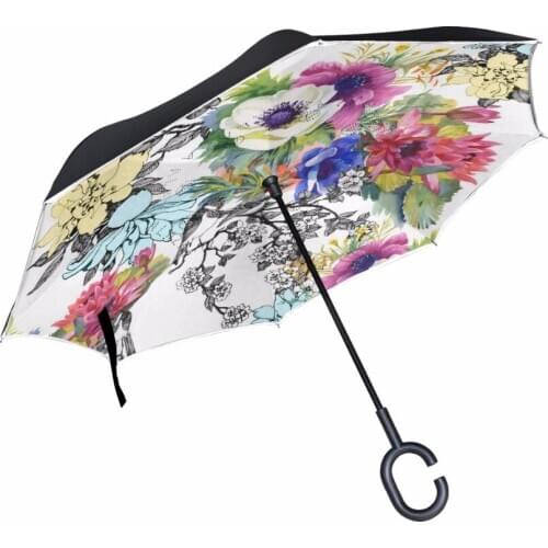 C-Hook Windproof Reverse Umbrella Flowers& Bird Double Layer Long Shank Inverted Creative Customized Rain Protection Travel Size