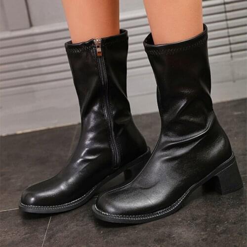 Fashion 2021 Women Ankle Boots Zip Square Toe Solid Mid Heels Female Boots Comfortable Keep Warm Short Plush Ladies Casual Shoes