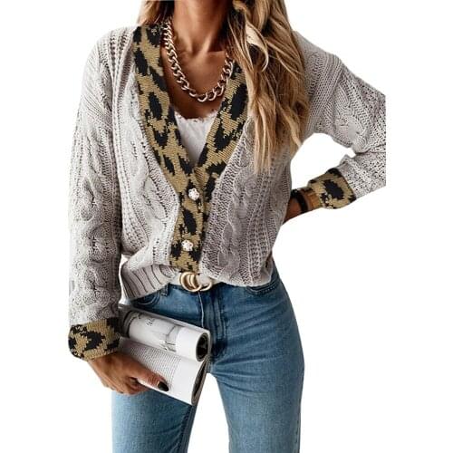 Autumn Winter Knitted Female Leopard Spliced Print Button Cardigan Loose Knit Sweater Coat V Neck Knitted Cardigan Women Jacket