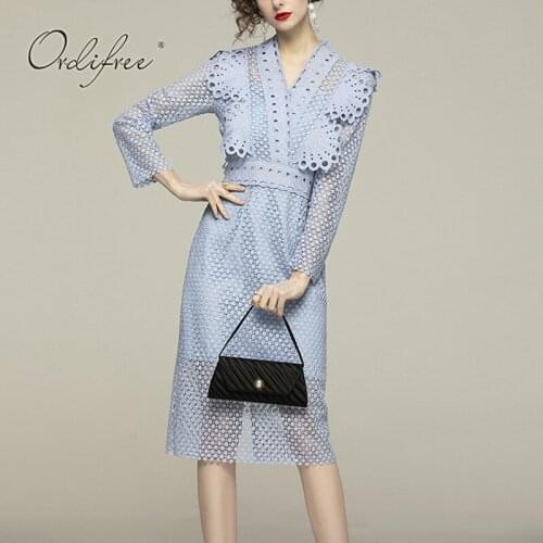 Ordifree 2021 Summer Vintage Women Lace Party Dress Long Sleeve Blue Sexy Ruffle Midi Dress