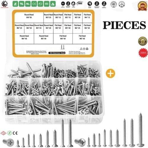 304 Stainless Steel Self Tapping Screws Assortment Set,M3-M6 Phillips Drive Wood Screw Assortment Round Head and Flat Head