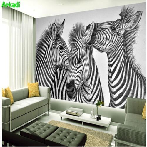 3D hand-painted pencil painting abstract art personality black and white zebra bedroom sofa TV background wallpaper animal photo