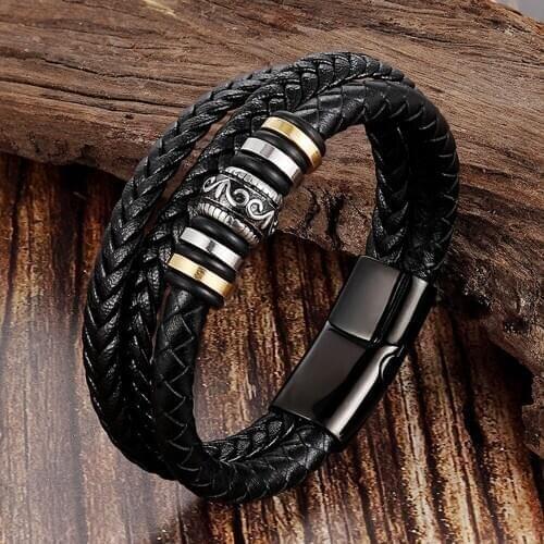 Promotion New Vantage Stainless Steel Accessories Multi-layer Hip Hop Rock Style Black Color Mens Leather Bracelet