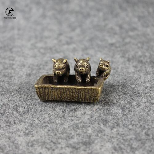 Antique Bronze Three Pigs Brother Statue Desk Ornament Copper Pig Trough Miniature Figurines Incense Burner Tea pet luckly gift