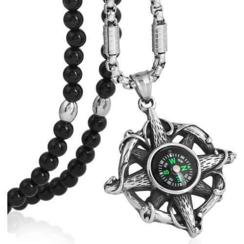 Punk 316L Stainless Steel Compass Pendant Necklace Black Natural Stone Bead Chain 26inch
