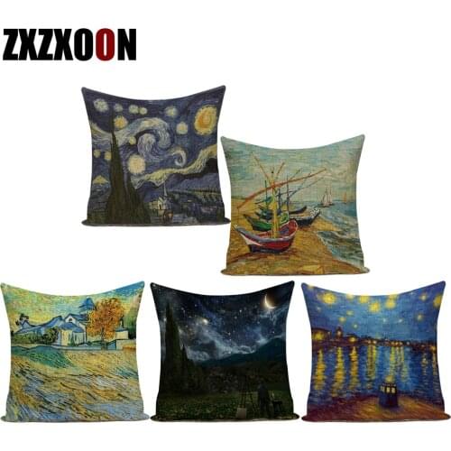 Decorative Pillows Van Gogh Art Oil Painting Night Sky Polyester Sofa Cushion Cover Capa De Almofadas for Sofa Home Car
