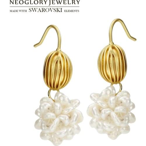 Neoglory Freshwater Pearl Drop Long Earrings Romantic Trendy Flower Stylish For Girl Classic Sale Daily Dress Gift