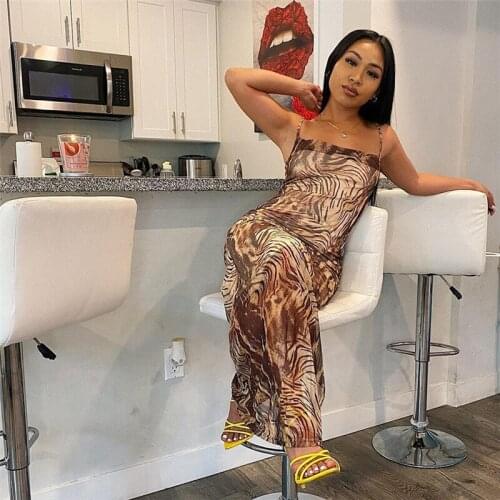 Womens Hot Sale Tiger Printed Mesh Ladies Bandage Mid-length Dress Folded Open Bodysuit Sexy Street Dress Party Elegant Club Fe