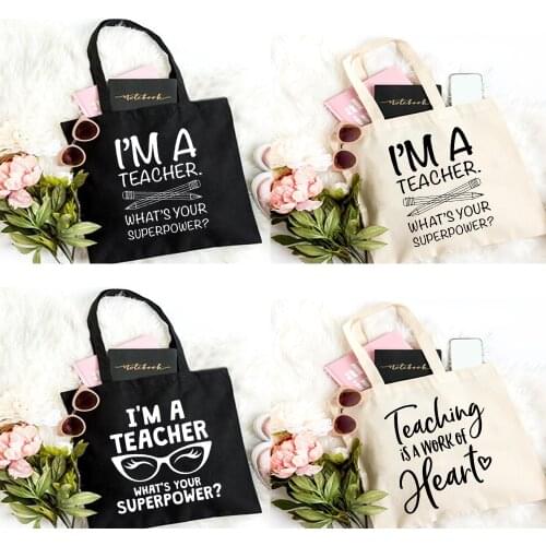 Women Reusable Casual Eco Shopper Travel Book Cloth Bag Whats Your Superpower Teacher Life Zipper Canvas Shopping Shoulder Bag