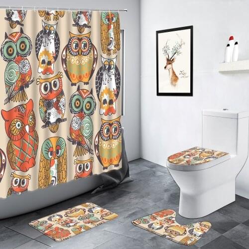 Cartoon Animals Owl Kids Shower Curtains Elk Elephant Fox Alpaca Creative Children Bathroom Decor Non-slip Rug Toilet Mats Sets