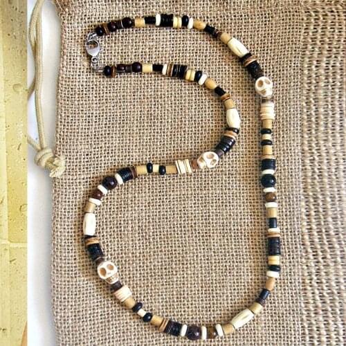 Mens Garnet Tigers Eye Skull Beaded Necklace