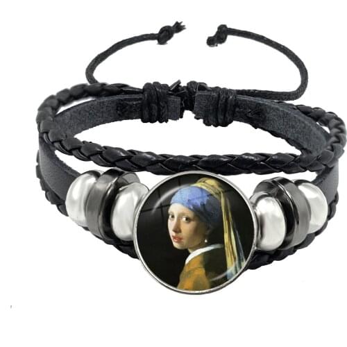 Charm Girl Wearing Pearl Johannes Vermeer Art Oil Painting Black Button Leather Bracelet Glass Cabochon Bangle for Women Men