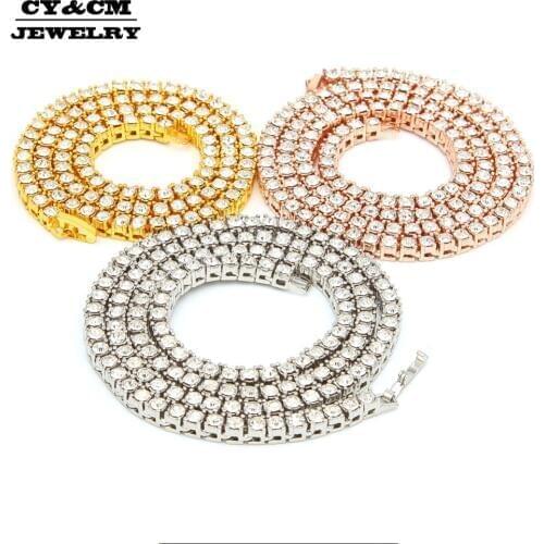 Men Necklaces Hip Hop Punk Bling 1 Row Round Cut 3/4/5mm Rhinestone Tennis Chain Rose Gold Black Silver Color Necklace for Women
