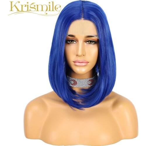 Krismile Lace Wigs Synthetic Blue Short Bob Wig Middle Part for Women Party Daily Wear High Temperature Gift Drag Queen Cosplay