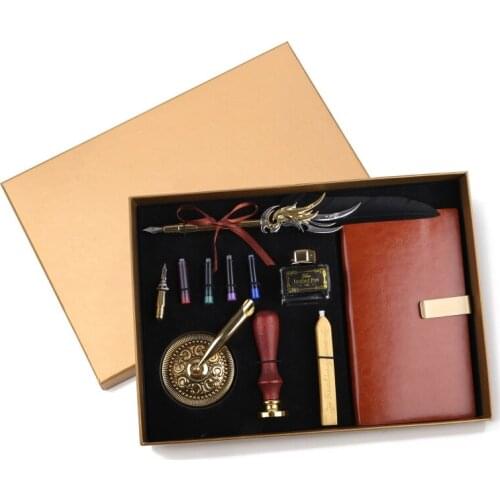 Retro Vintage Calligraphy Feather Fountain Pen Writing Ink Leather Notebook Set