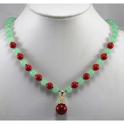 Ping designed 8mm light green Jade with red shell pearl necklace 14mm shell pearl pendant necklace