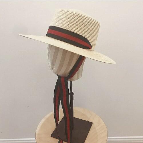 Womens Summer Hat Sun Protection Cap Female Flat Top Wide Brim Hat Colorful Ribbon Decoration Girl Straw Hat Beach Hat Sun Hat