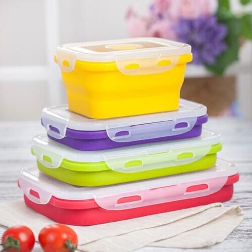 4 Sizes Silicone Folding Bento Box Collapsible Lunch Box Microwavable Portable Meal Food Storage Container for Children Adult