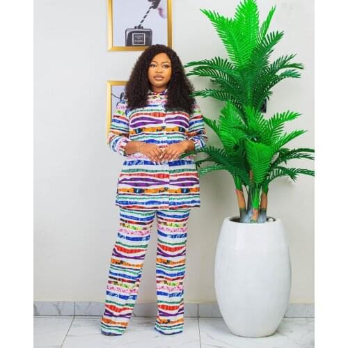 Tilapia New OL Style Loose Lady Suit Fashion Striped Patchwork Outfit African Women Split Button Two Pieces Set