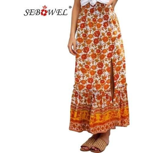 SEBOWEL Lady Casual Floral Print Slit Ruffles Maxi Skirt Holiday Woman Elastic Waist Flower Pattern Skirts Female Clothes S-XL