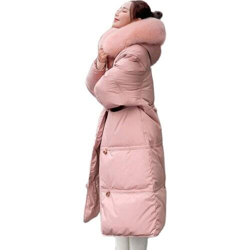 Winter Women Natural Fur Collar Hooded Long Down Parkas Horn Button 90% White Duck Down Coat Warm Snow Outwear
