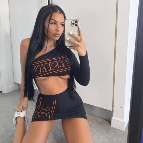2pcs Autumn Female Sexy Suit One-shoulder Sleeve Letter Print Short Top High Waist Short Skirt Nightclub Party Women Apparel
