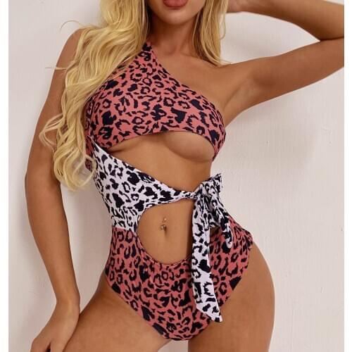 Female One-Piece Leopard Print Swimwear One Shoulder Sleeveless Bathing Suit for Summer