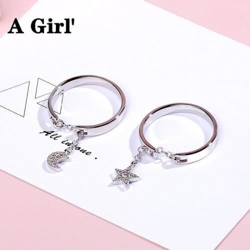 A Girl' Fashion Moon and Star Link Chain Adjustable Finger Rings For Women Girls Birthday Gifts Jewelry bague femme