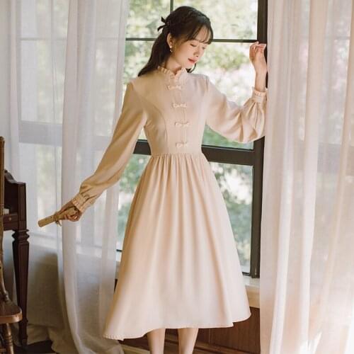 2021 Autumn Women New Art Retro Disc Button Short-Sleeved Dress Lotus Leaf Stitching Bow Cute Pure Color Elegant Dress Female