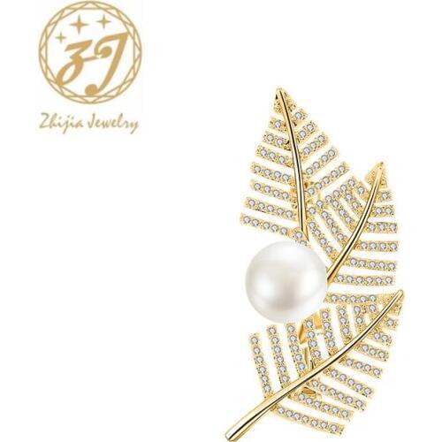 Zhijia fashion delicate pearl leaf shape pins brooches for women crystal rhinestone brooches accessories gifts
