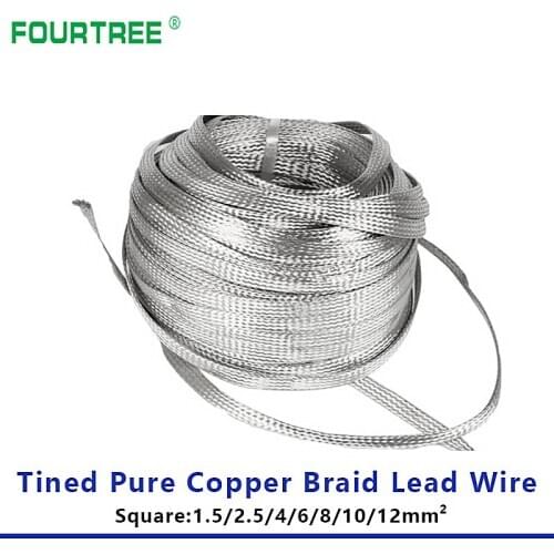 1 Meter Tinned Pure Copper Braid Lead Wire Bare Ground Cable High Flexibility Flat Conductive Tape Square 1.5-12mm2