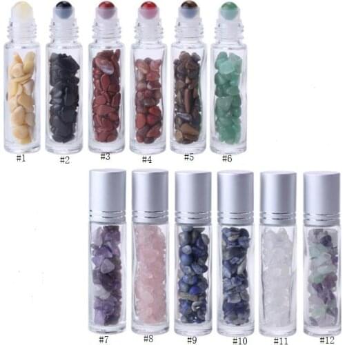10ml Clear Glass Roll on Perfume Bottle with Crushed Natural Crystal Quartz Stone,Crystal Roller Ball Silver SN337