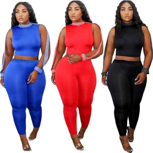 36L8142 Autumn Winter Women Casual Fashion Solid Skinny Navel Sequins Two Piece Set Top and Pants Tracksuit Sweatsuit Outfits