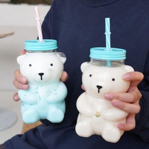 550ml Cartoon Cute Tulip Bear Water Bottle Creative Heat Resistant Clear Glass Juice Milk Water Cup Kids Sippy Cup With Straw