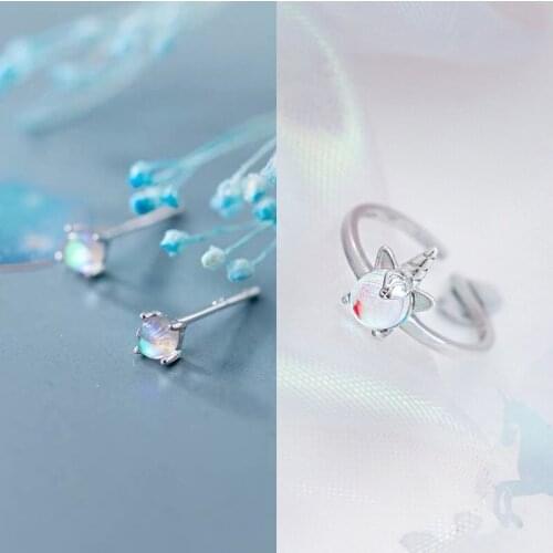 925 Sterling Silver Pin Gradient Blue Gemstone Unicorn Four Claw Fixed and Other Fashion Style Earrings Ring Jewelry