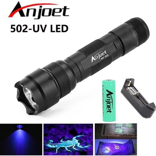 Anjoet High quality 502B UV Flashlight Purple Light Ultraviolet Violet 395-410nm UV LED Torch Light Lamp+18650+battery charger