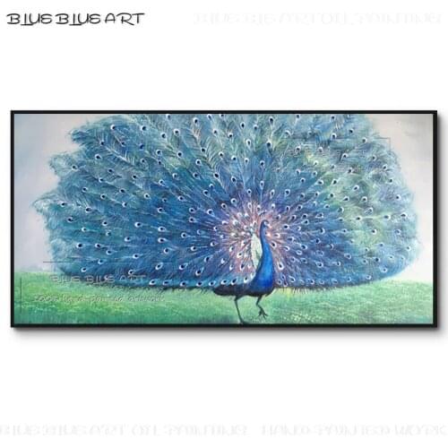 Big Size Hand-painted High Quality Beautiful Animal Peacock Opening Feather Oil Painting on Canvas Blue Art Peacock Oil Painting